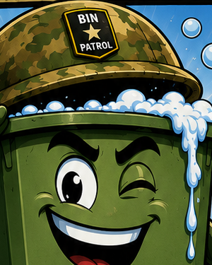 Bin Patrol mascot — a helmeted, freshly washed trash can giving a wink. Veteran owned and operated.