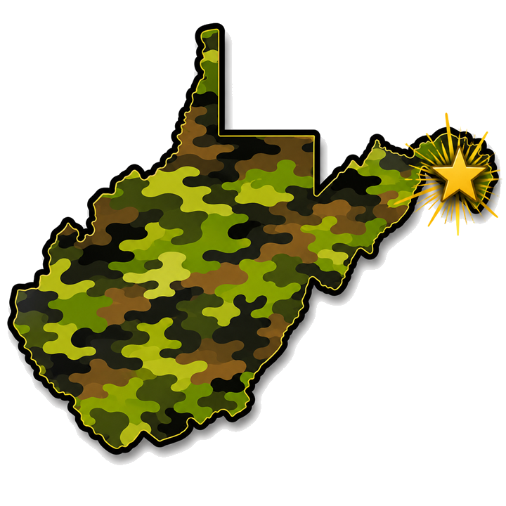 Camouflage map of West Virginia with a gold star marking our Eastern Panhandle service area.